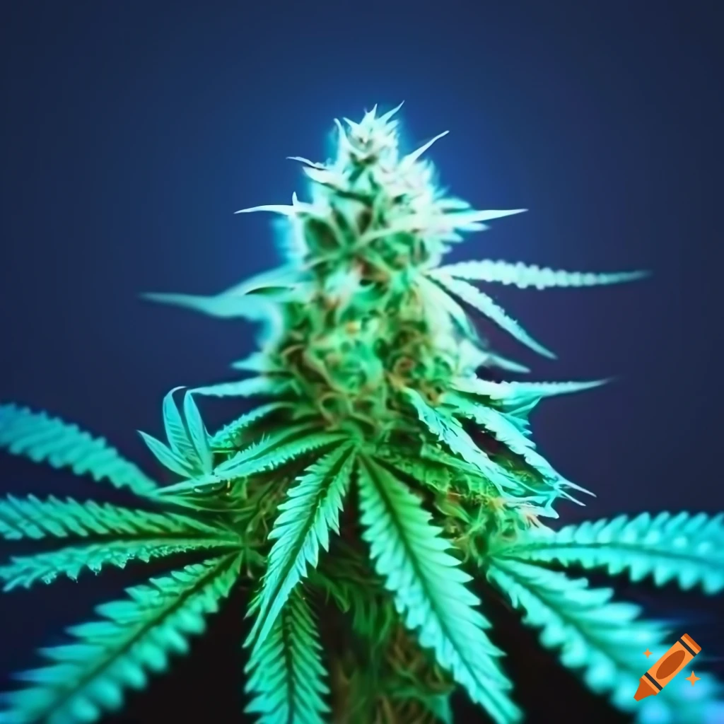 Vibrant pale green cannabis flower made of glowing light on dark blue backdrop