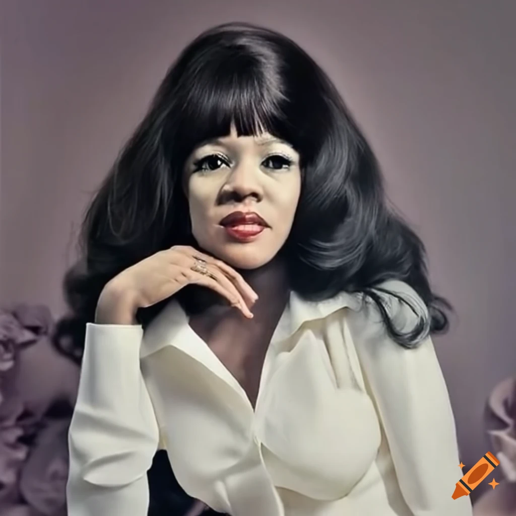 Ronnie Spector in 70s fashion surrounded by paper flowers