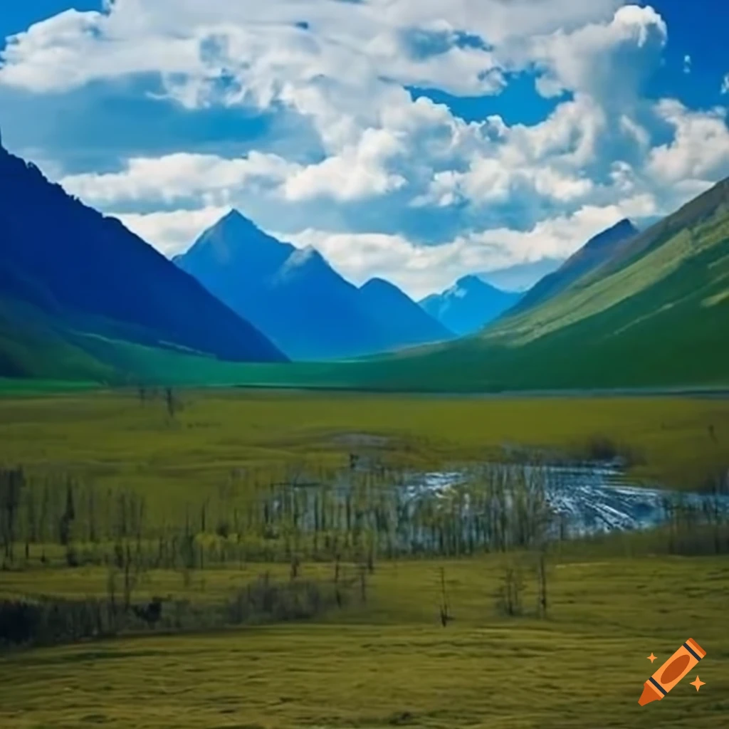 Altai mountain wilderness with distant peaks and farmland