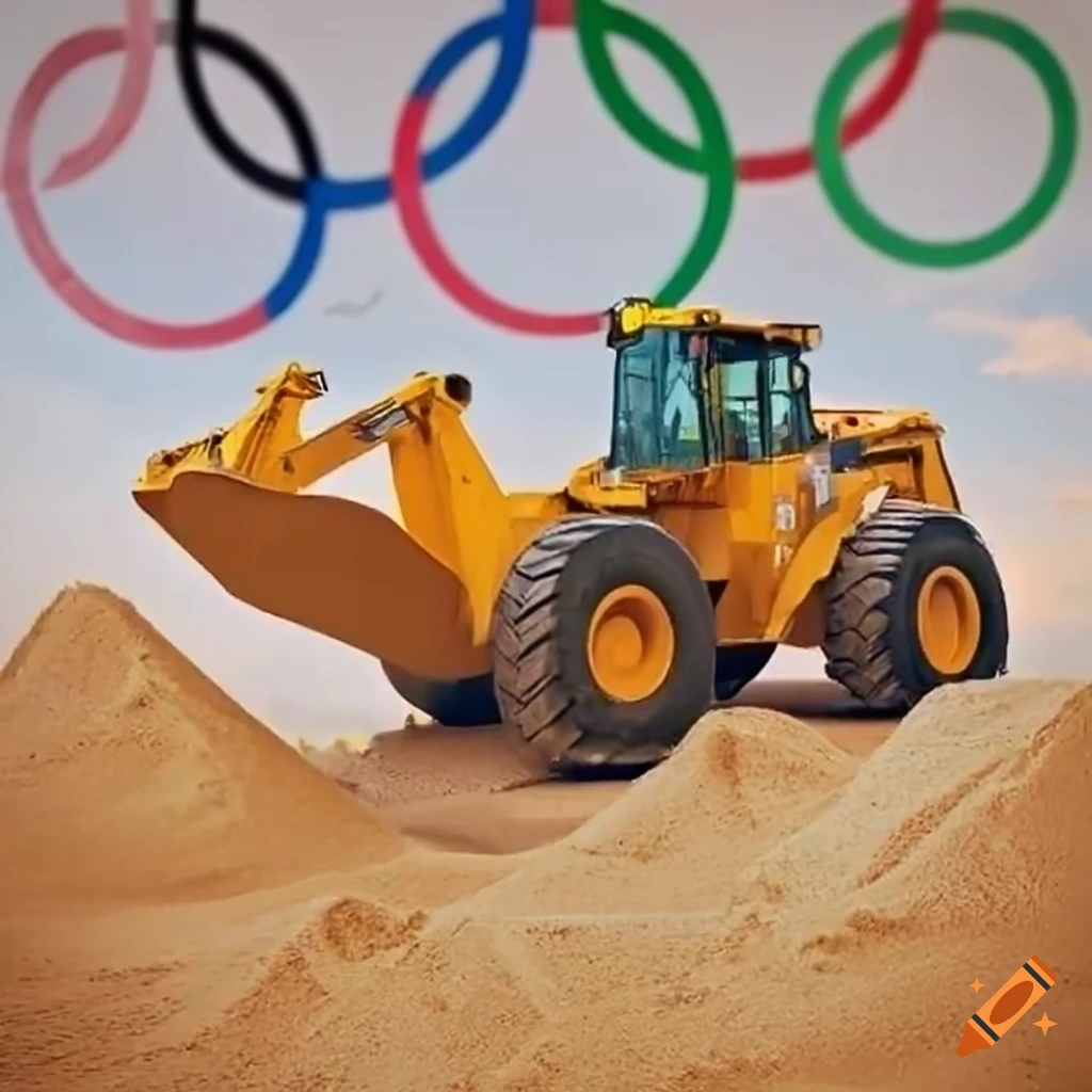 Front-end loader jumping at Olympic-themed construction site with sand piles and Olympic rings