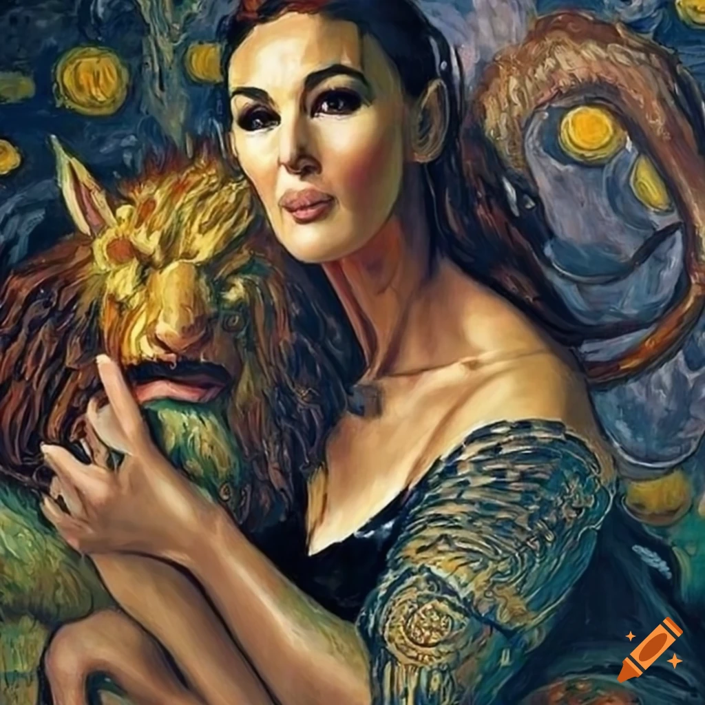 Actress Monica Bellucci with a mythology-inspired Chimera in Van Gogh style