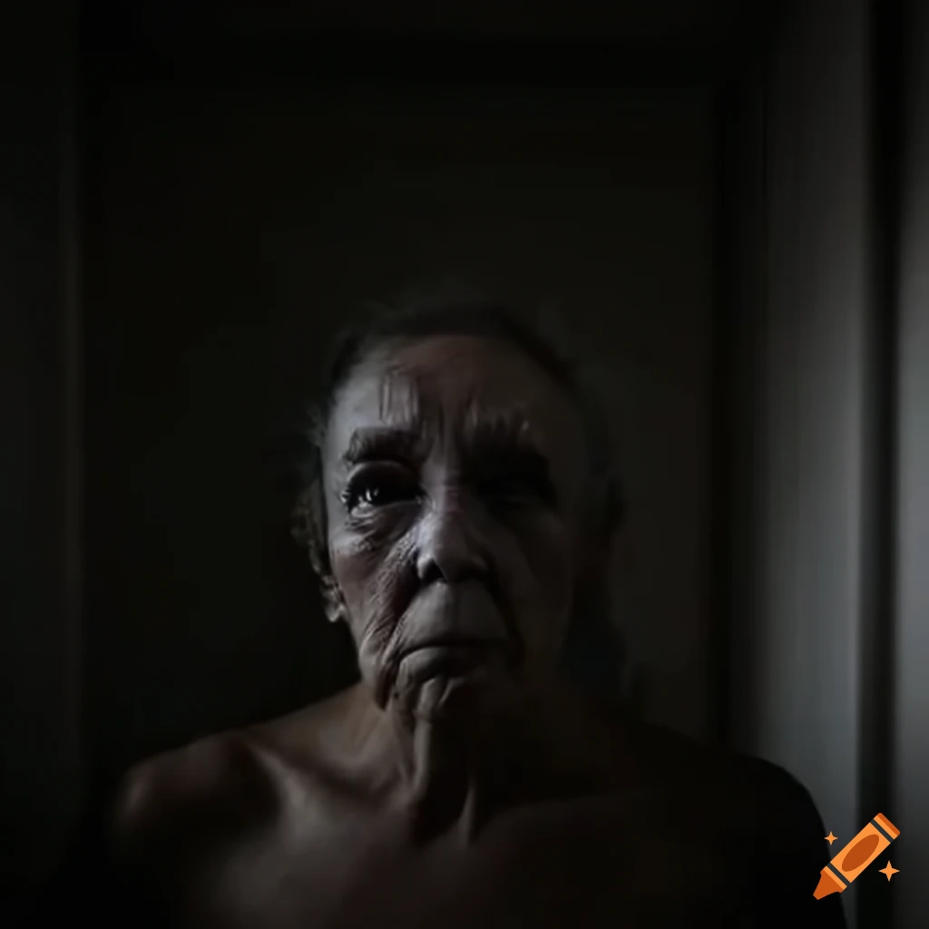 Expressive face with wrinkles and apathy in a closed mental hospital room