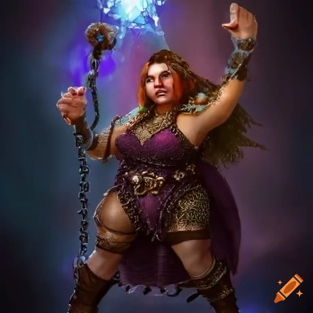Fantasy Taralu dwarf woman in chain mail with magic staff