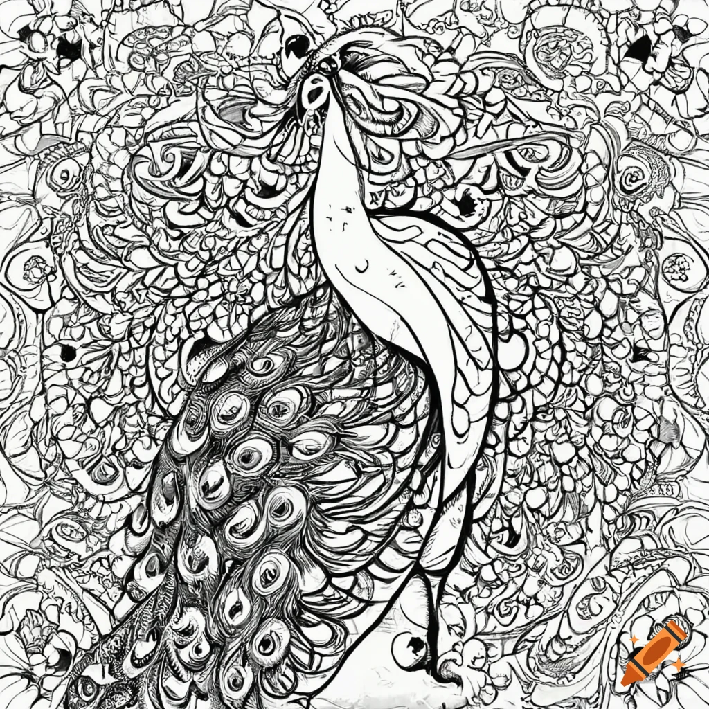 Black and white coloring page of a peacock