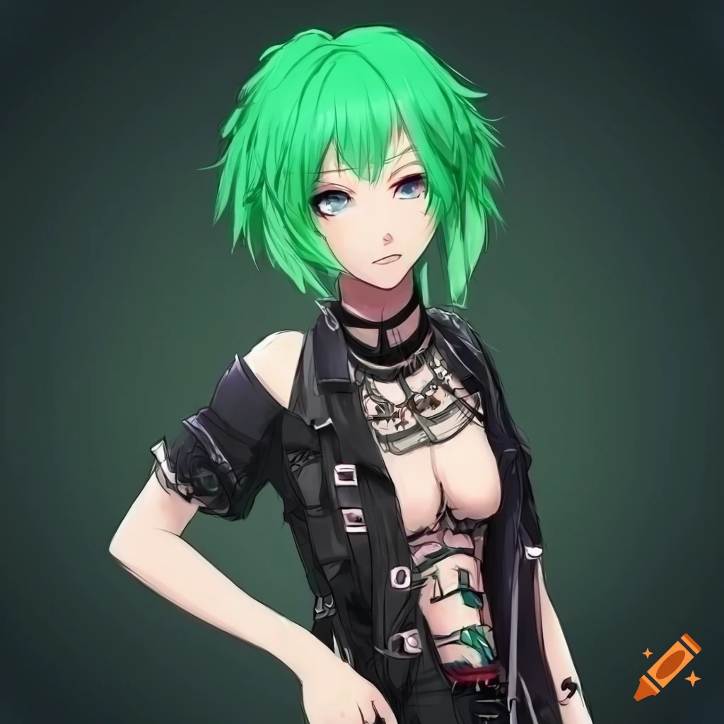 Anime girl with green hair and punker outfit in 2D style