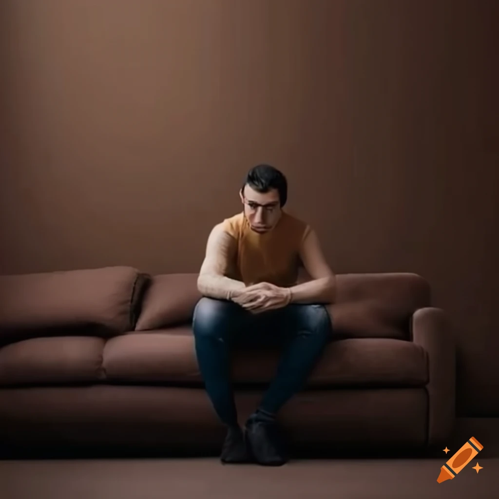 Man sitting on brown sofa in a small messy apartment living room
