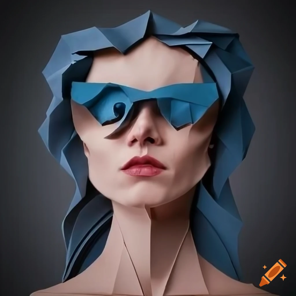 Paper artwork portrait of a woman with sunglasses on her head