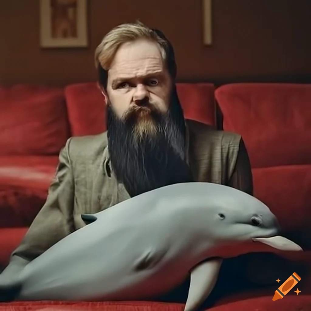JD Vance sitting on a couch with a dolphin wearing rubber gloves in a hilarious satire photo