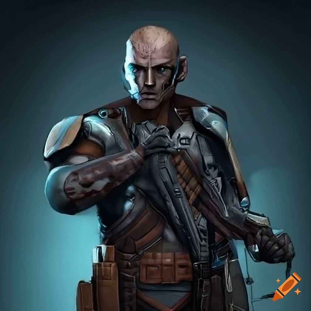 Male bounty hunter with cybernetic enhancement