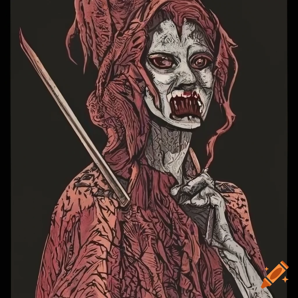 Monsterous woman with blade-like finger in medieval woodcut style