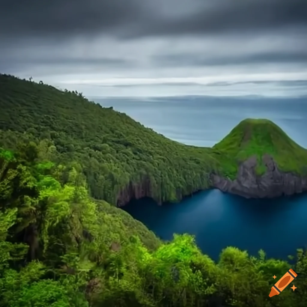 Mysterious island with lush greenery, towering volcano and military encampment