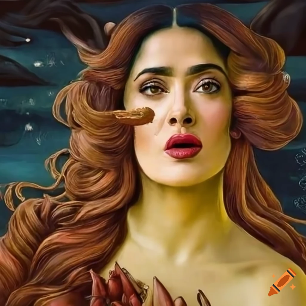 Elegant portrayal of Salma Hayek as Venus inspired by Botticelli