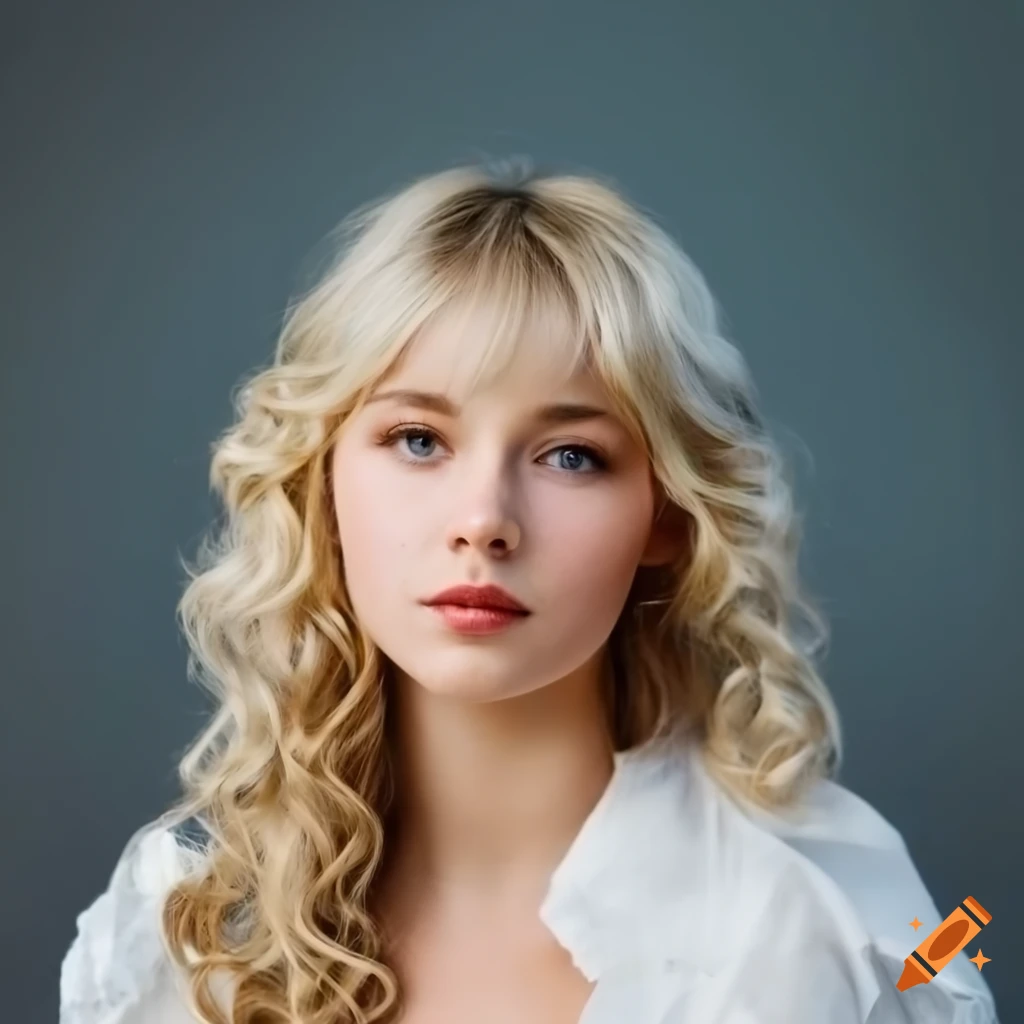 Portrait of a young female model with long blonde wavy curly hair and striking Nordic eyes