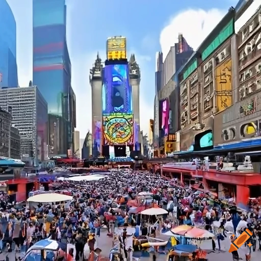 Lower Galieotropolis Market Square at 9:00 in the morning with neon lights and crowds
