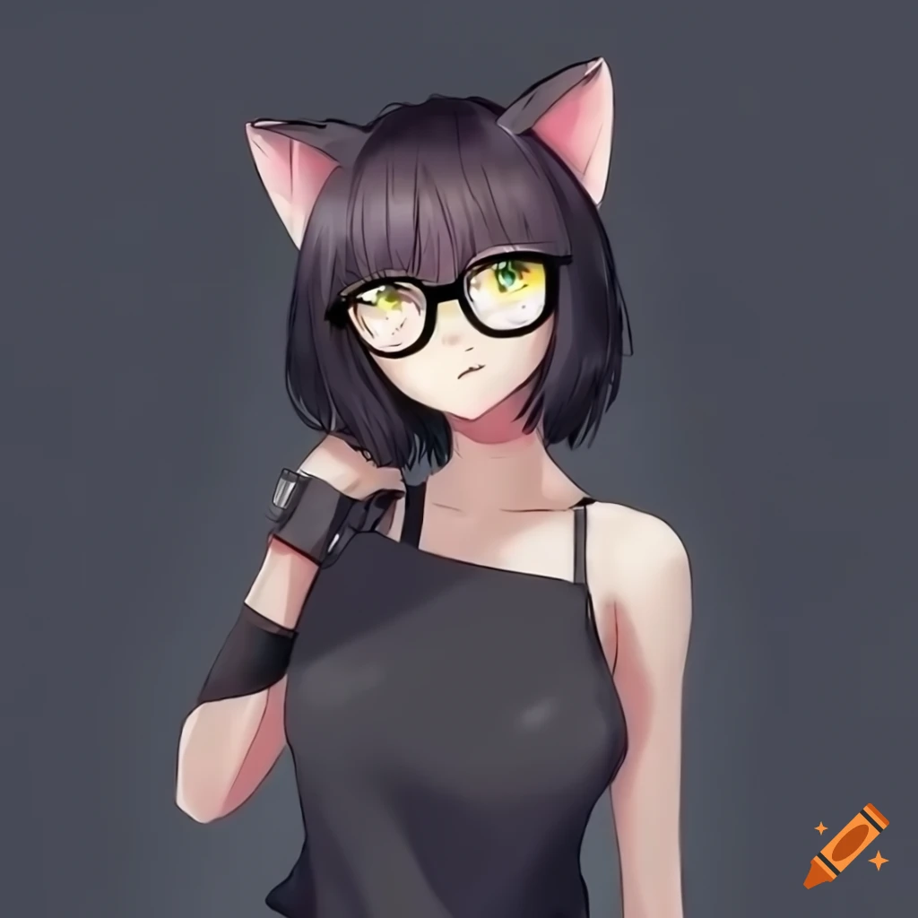 Anime short black-haired cat-girl with golden eyes and glasses in a submissive pose