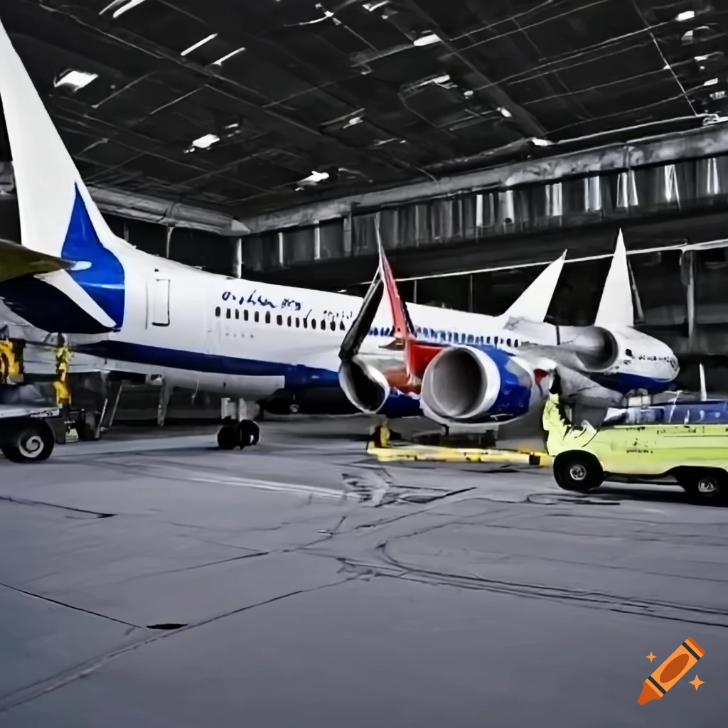 Boeing 737 and JSG Airline hangar with B1 Bundesliga logo, alongside 16 male figures