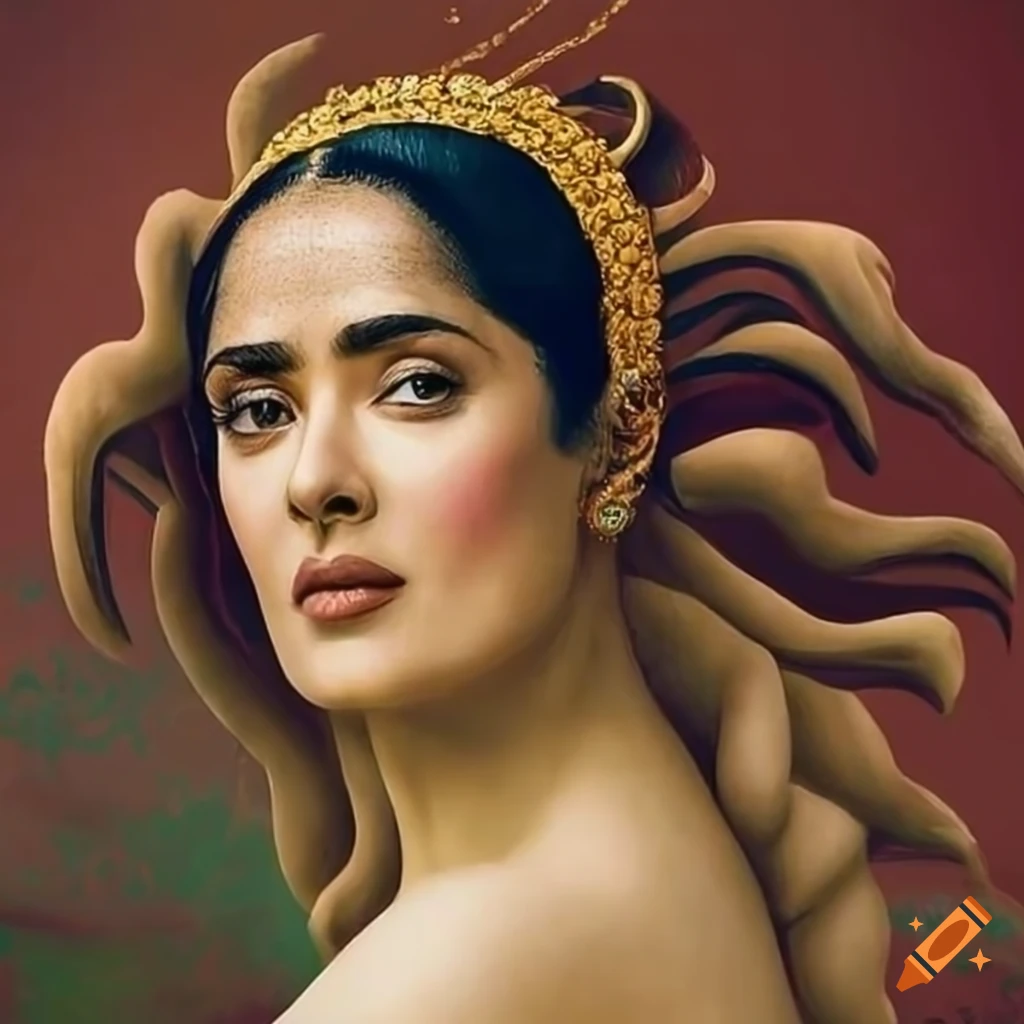 Elegant portrayal of Salma Hayek as Venus inspired by Botticelli