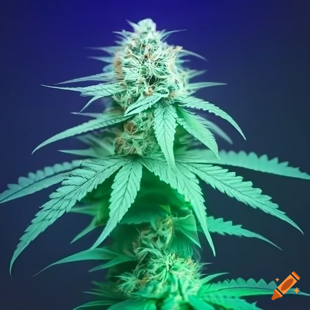 Vibrant pale green cannabis flower made of glowing light on a dark blue backdrop