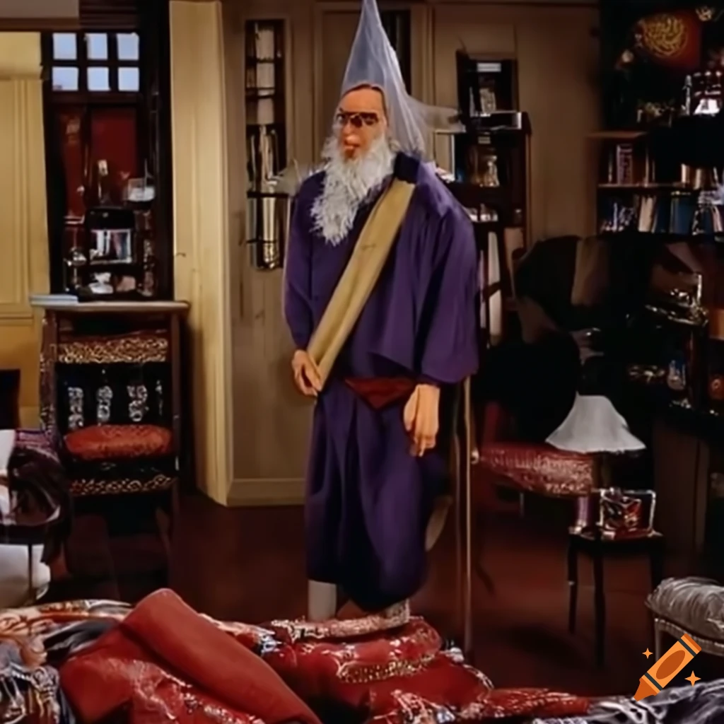 Jerry Seinfeld as a wizard in his iconic TV apartment