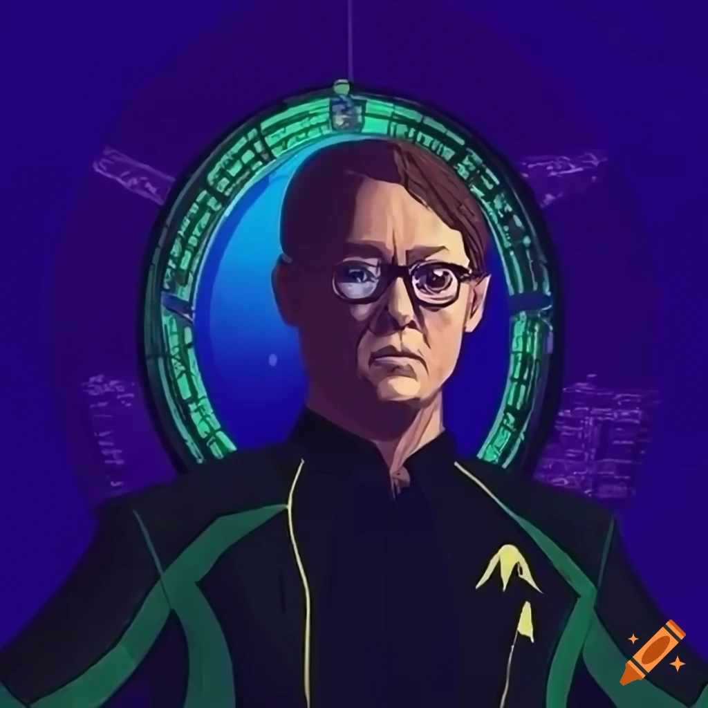 Young actor portrayed as a time traveler wearing a glowing green wristwatch in a vibrant Star Trek movie poster art style
