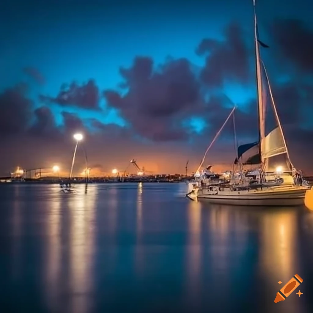 Sailboat at night tied to a pier in Key West