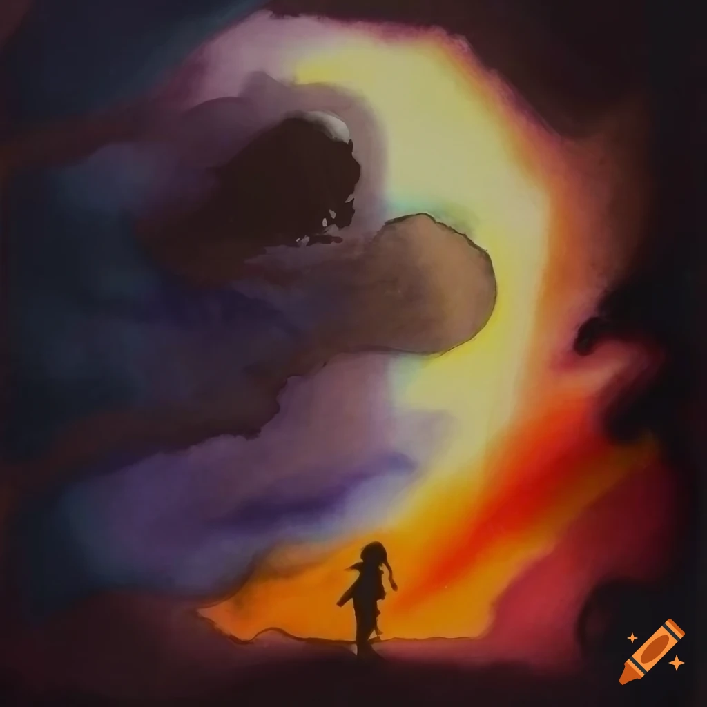 Nostalgic watercolour painting of a person blending into a dreamlike moonlit scene