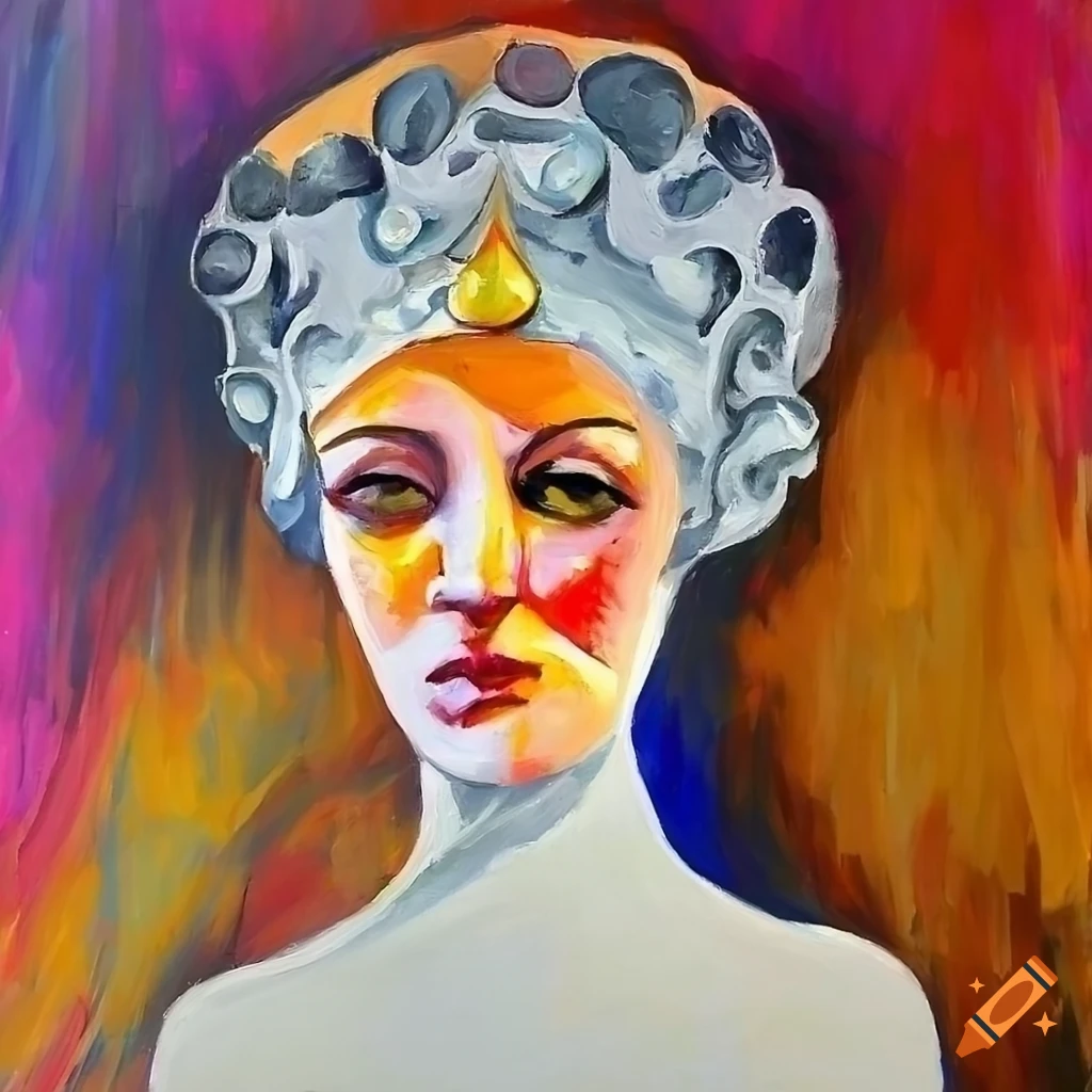 Cubism painting of a Russian queen statue with unique facial features and elaborate attire