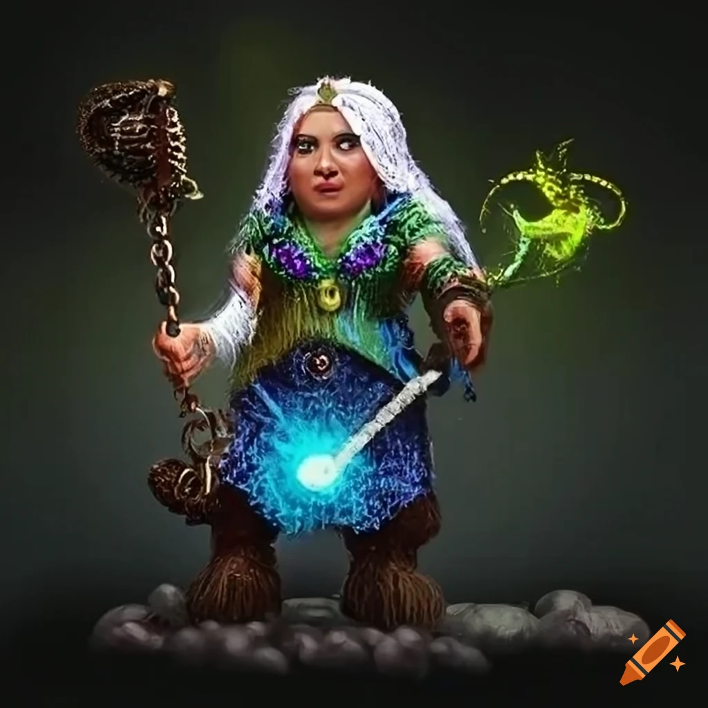 Fantasy Taralu dwarf woman in chain mail with a magic staff