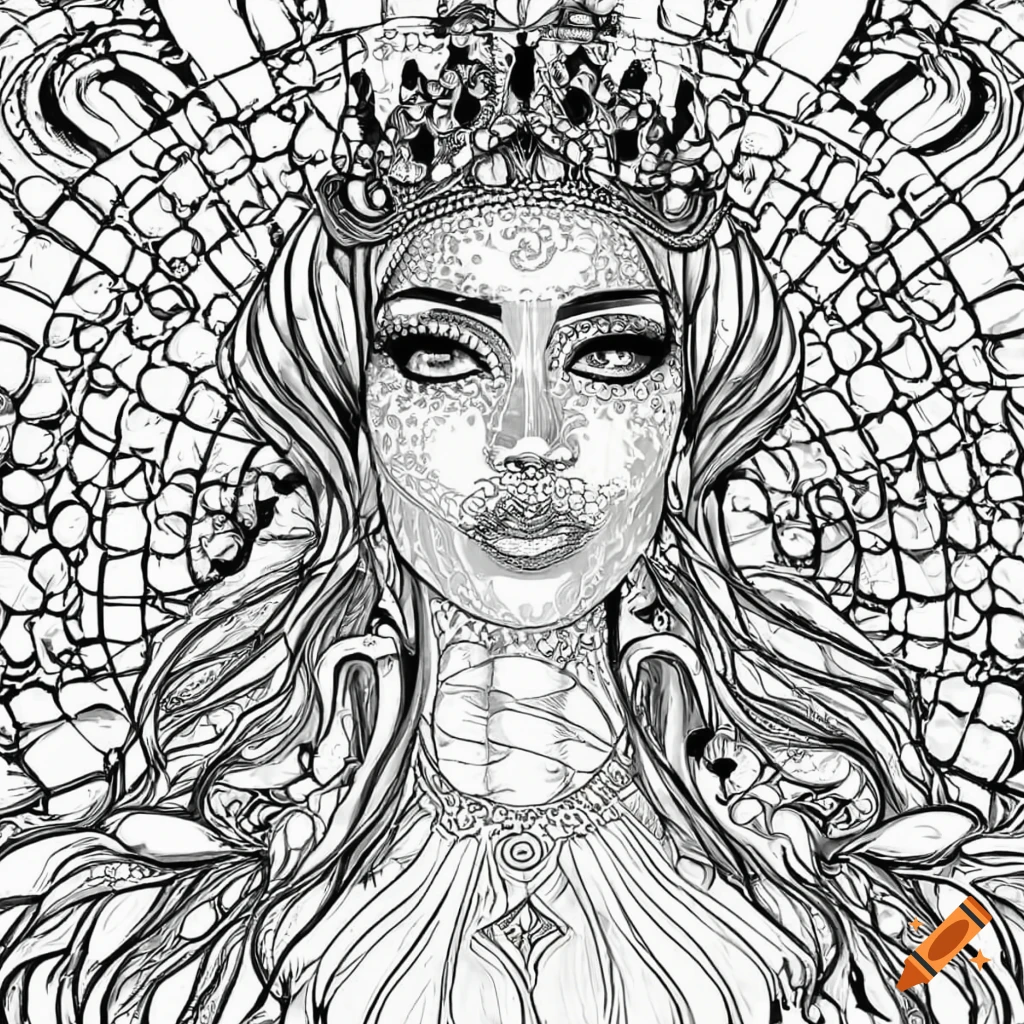 Queen in a stunning dress black and white coloring page
