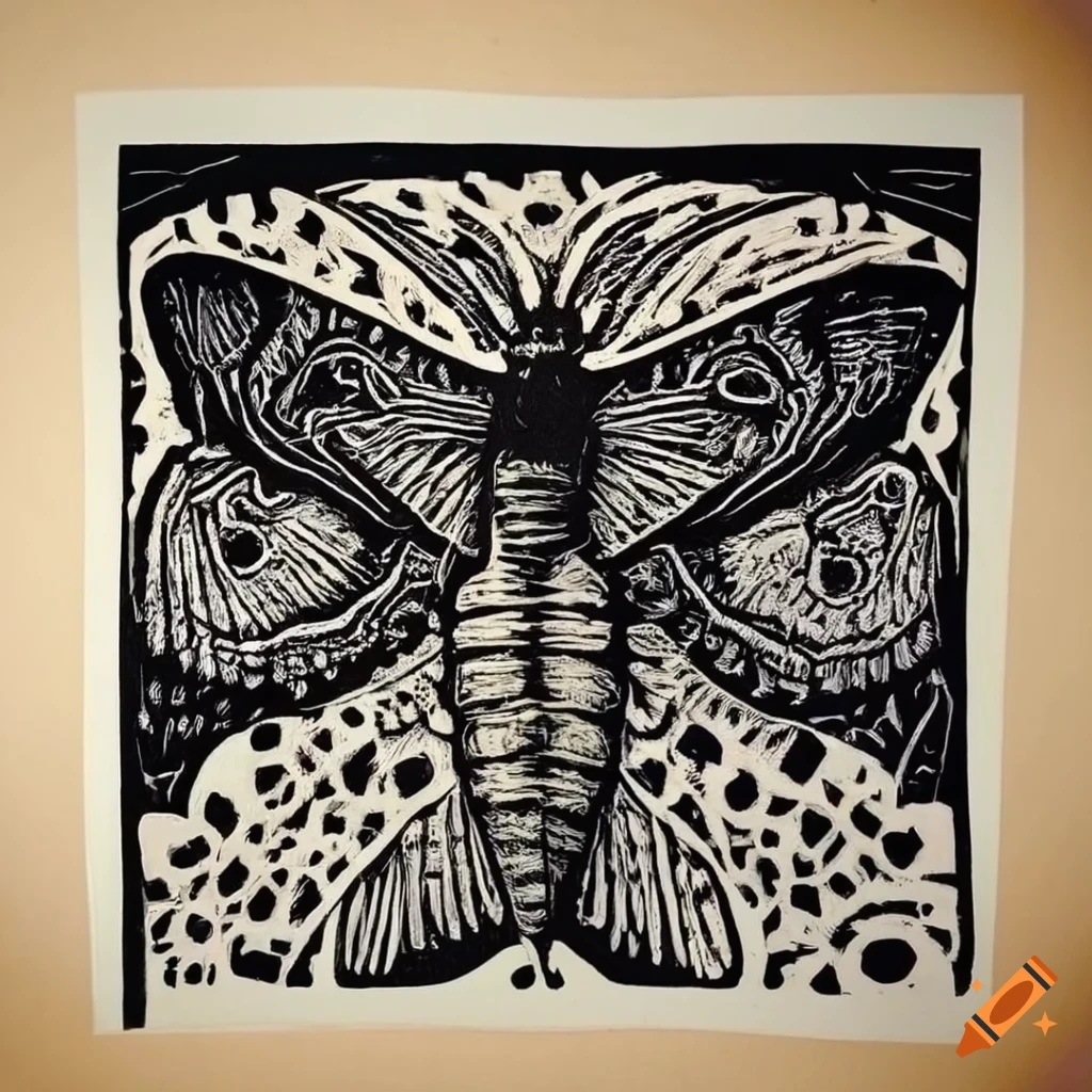 Intricately detailed linocut artwork of moth wings