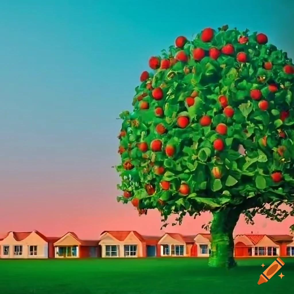 Row of houses with a giant apple tree