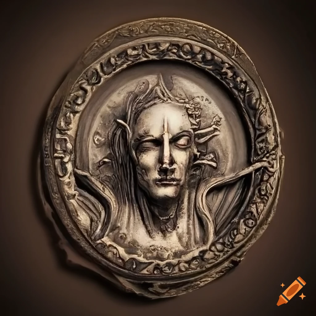 Tarnished medallion with etchings of souls in JANUS