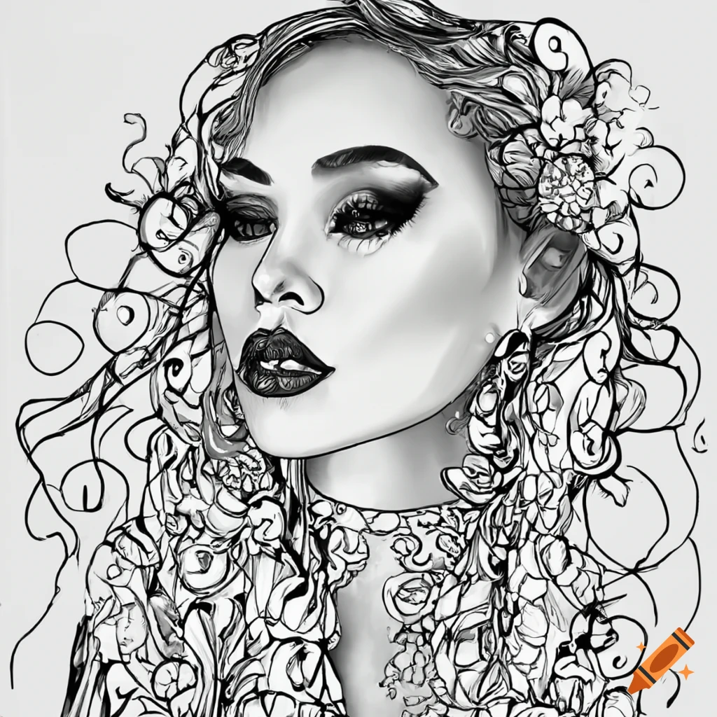 Black and white coloring page of a woman