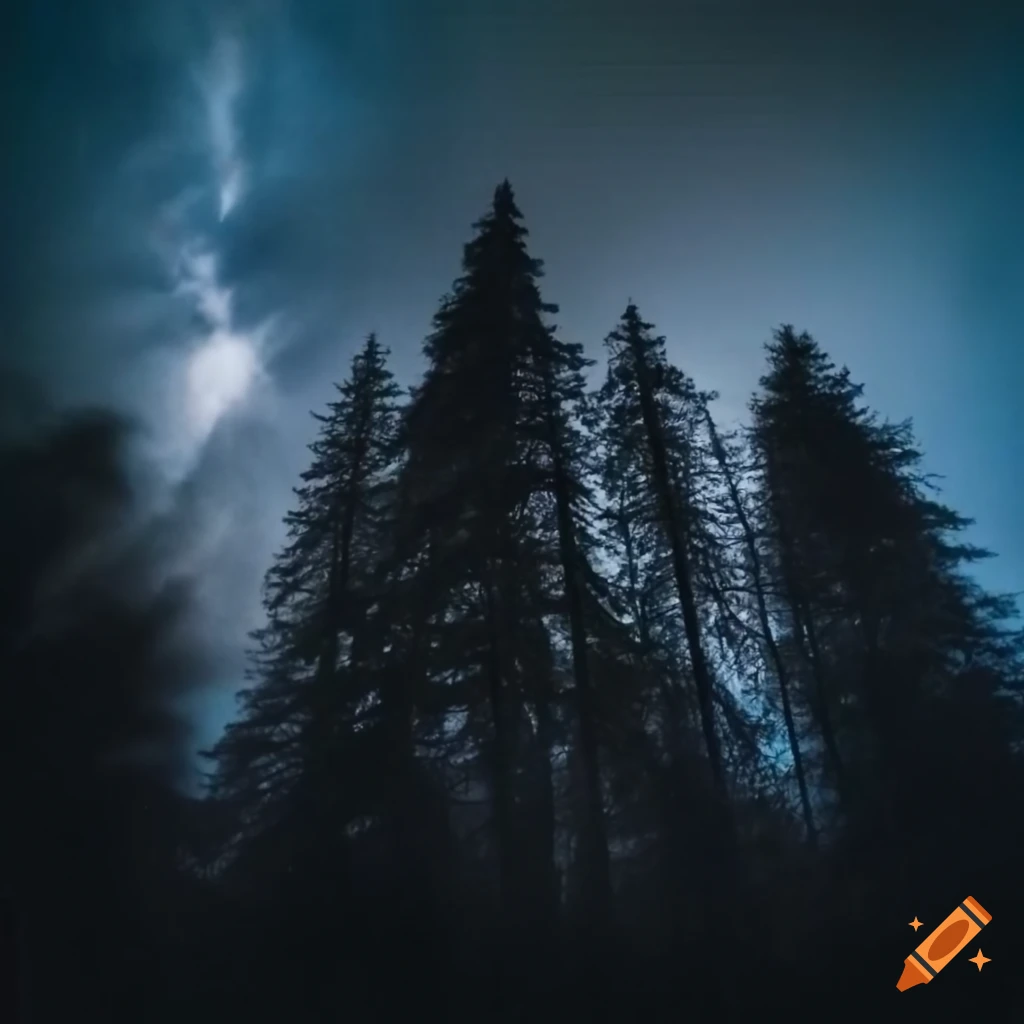 Black German phoenix with two heads silhouetted against moonlit cloudy sky over forest