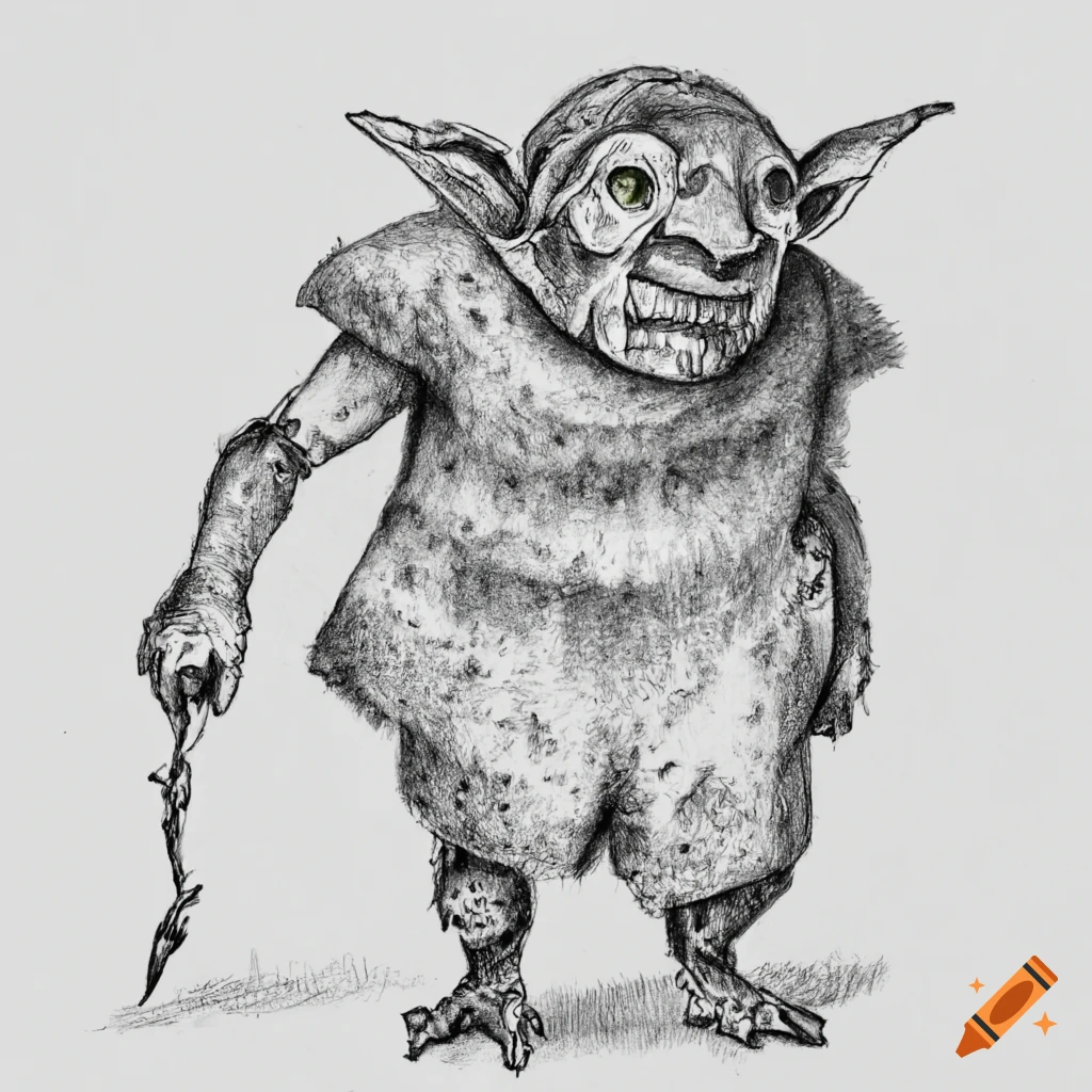 Realistic line drawing of a goblin with a bulbous nose wearing a smock