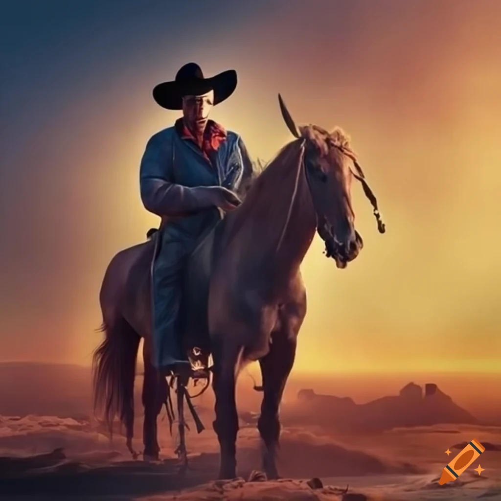 Crying cowboy movie poster with horse in rough terrain under setting sun