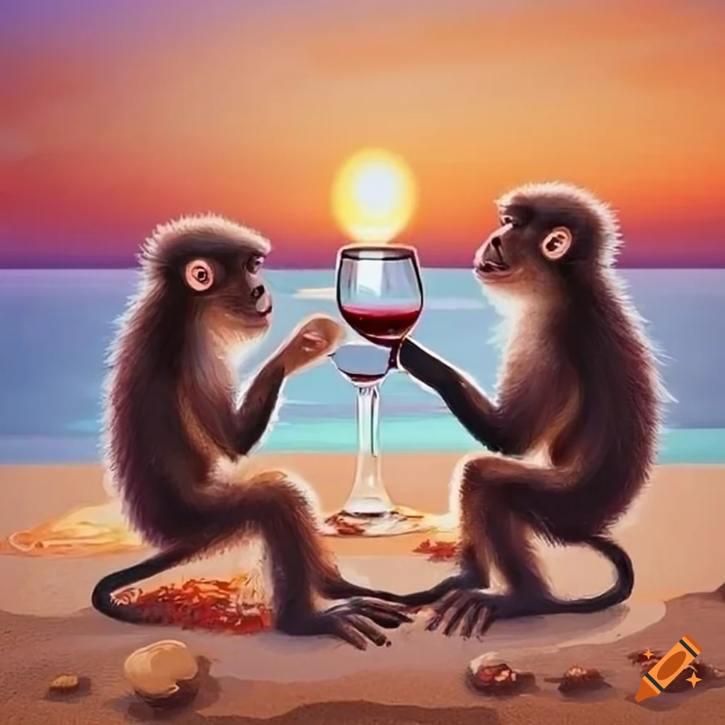 Capuchin monkeys on a romantic date on the beach with red wine