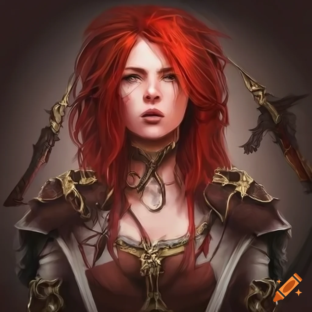RPG woman with red hair surrounded by fantasy swords