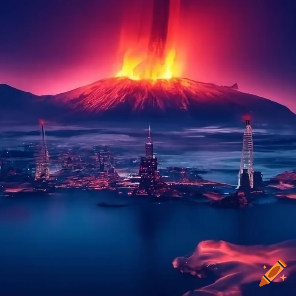 Futuristic city with tall structures under red and orange sunset skies and erupting arctic volcanoes