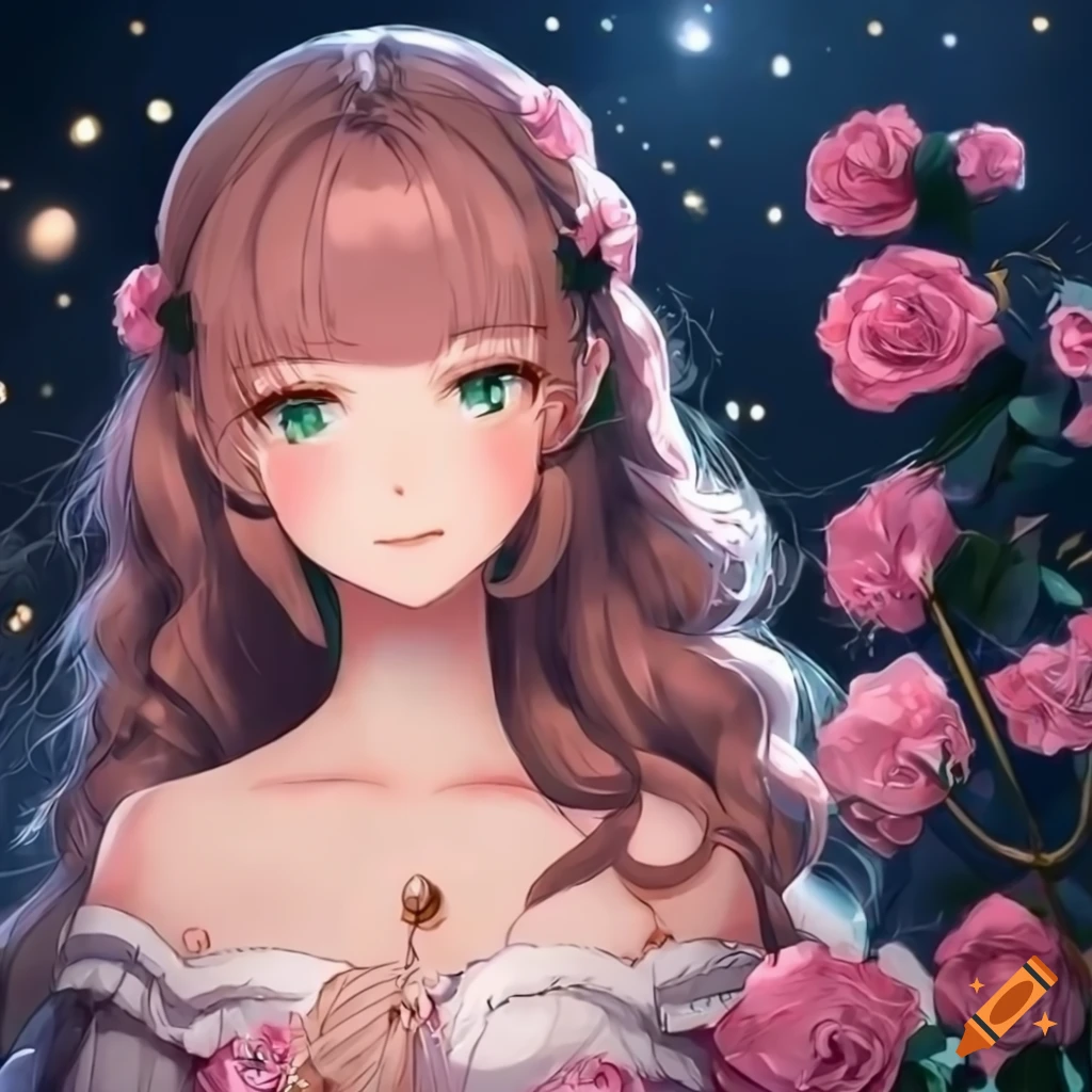 Anime girl with long wavy hair walking in a rose garden at night