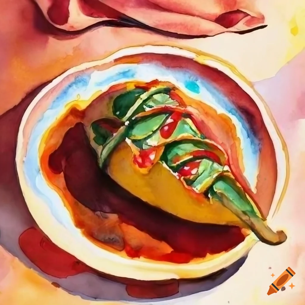 Exquisite watercolor painting of a traditional Chile Relleno dish