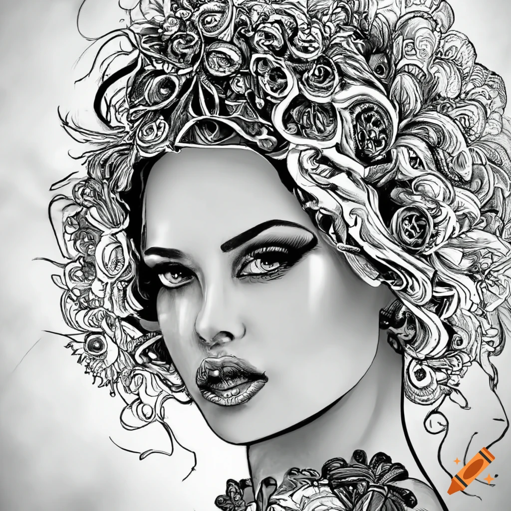Black and white coloring page of a woman