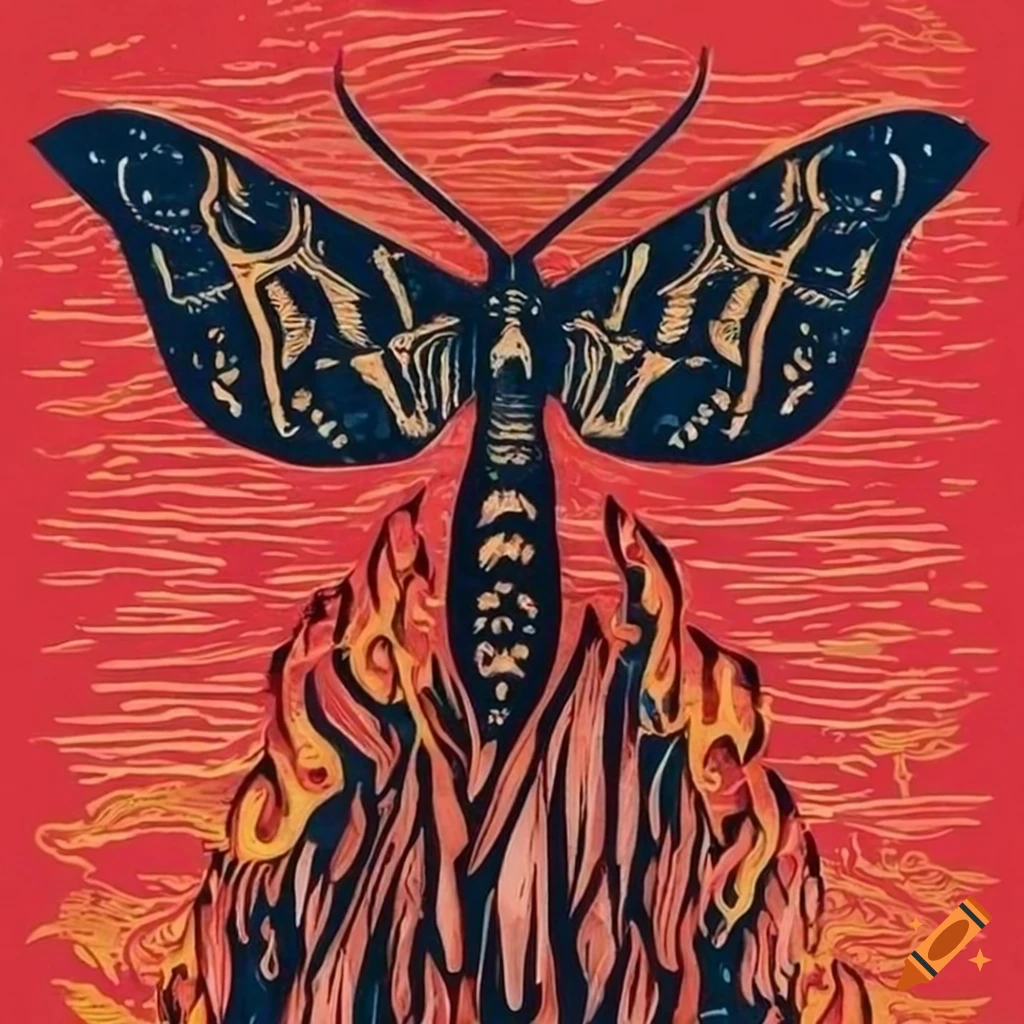 Intricately detailed linocut artwork of fiery moth wings