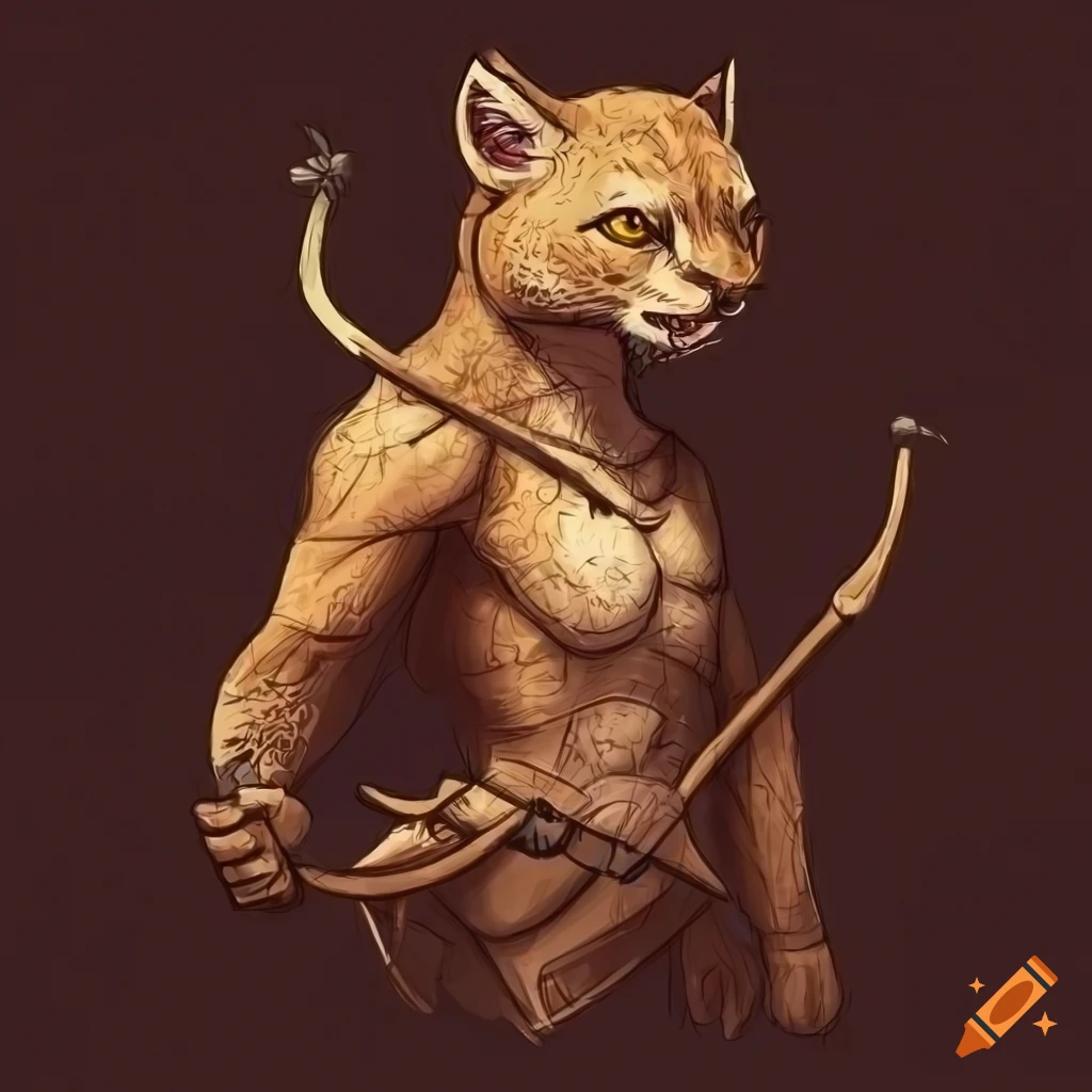 Intricately-detailed tribal anthropomorphic cougar with bow and arrow