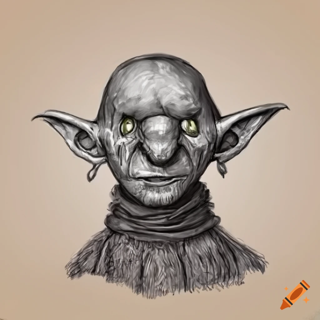 Realistic line drawing of a goblin with a bulbous nose and wearing a smock
