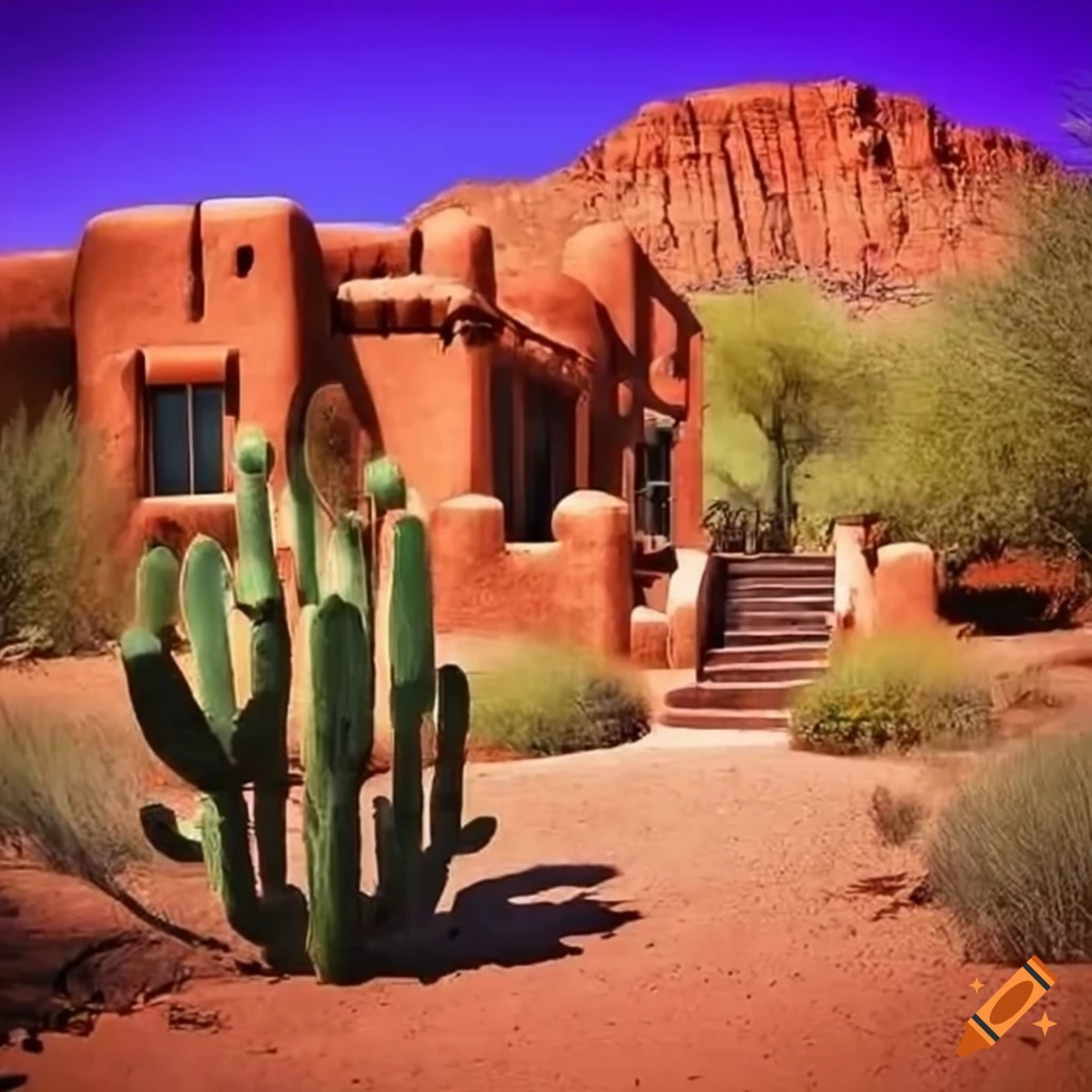 Southwestern-style Adobe house among desert cacti near an oasis stream