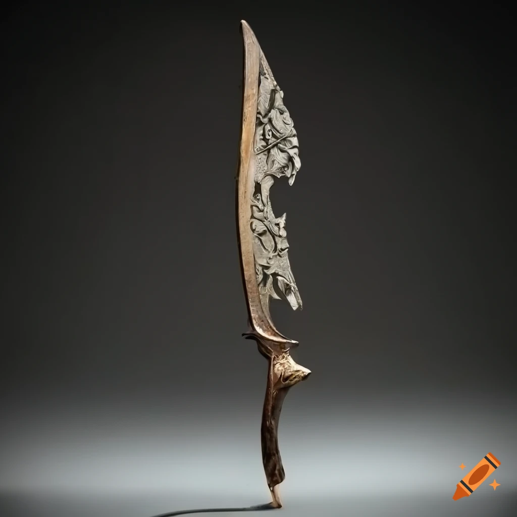 Tarnished double-bladed scimitar with moss and dead flowers