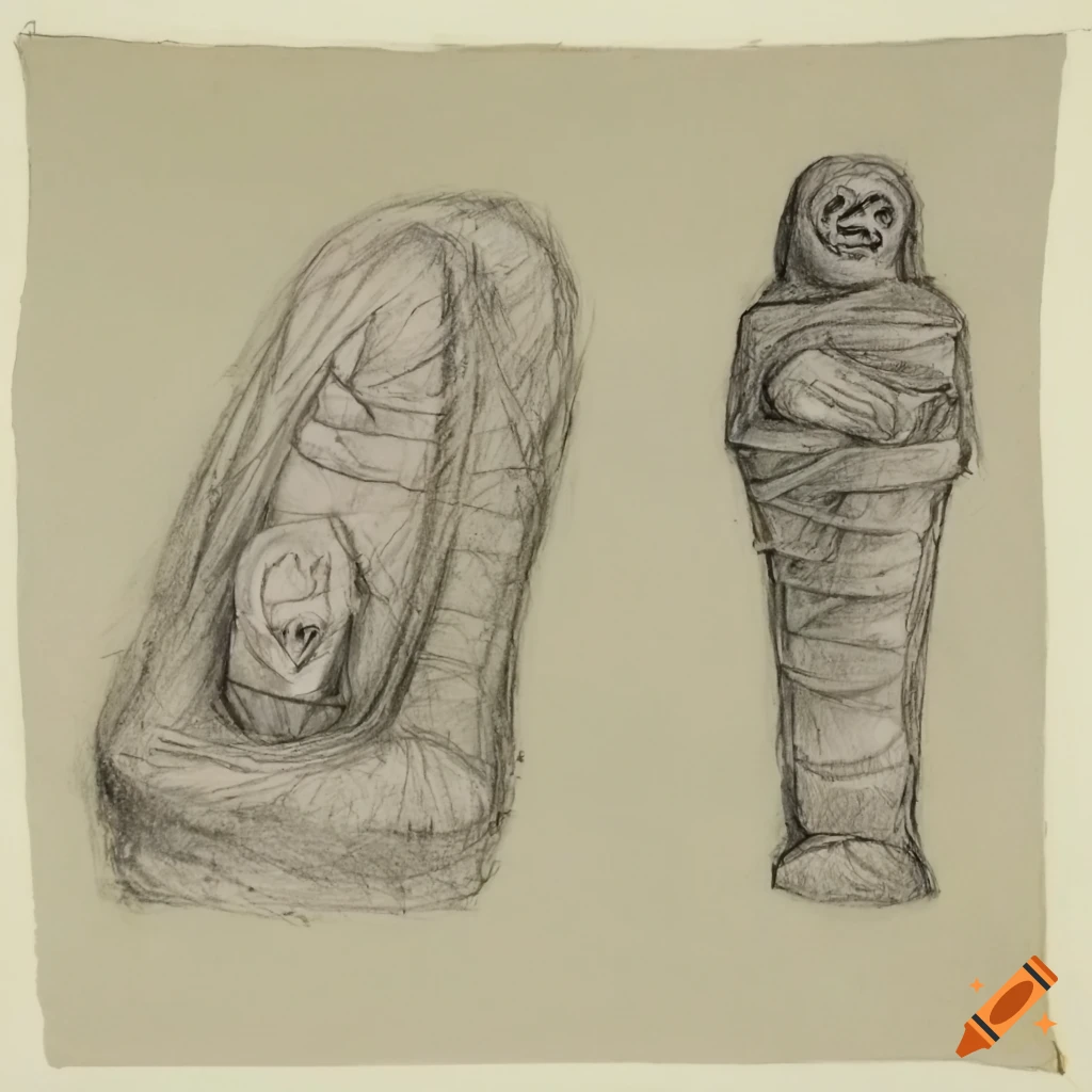 Rough pencil sketch of a decayed giant mummy gorilla on stained paper