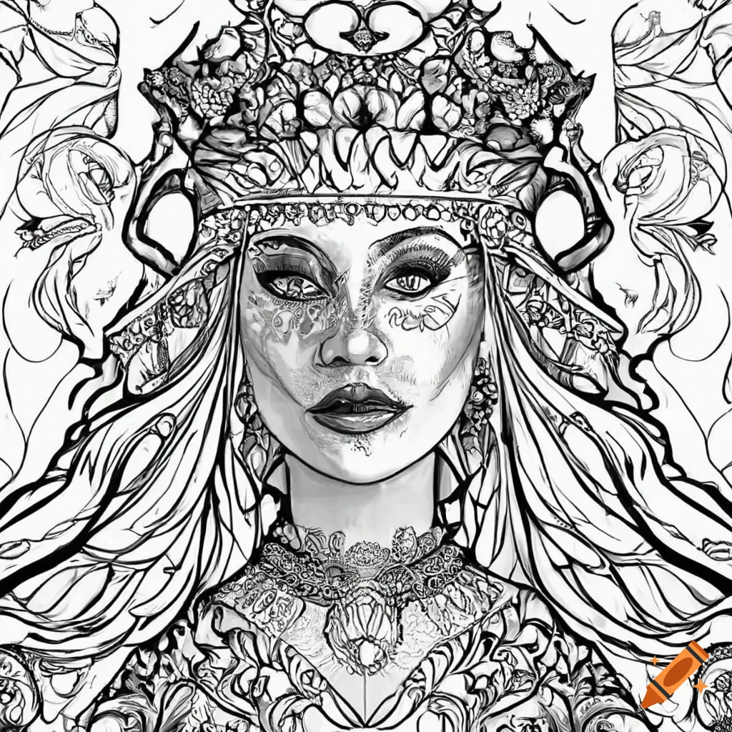 Queen with stunning dress in black and white coloring page