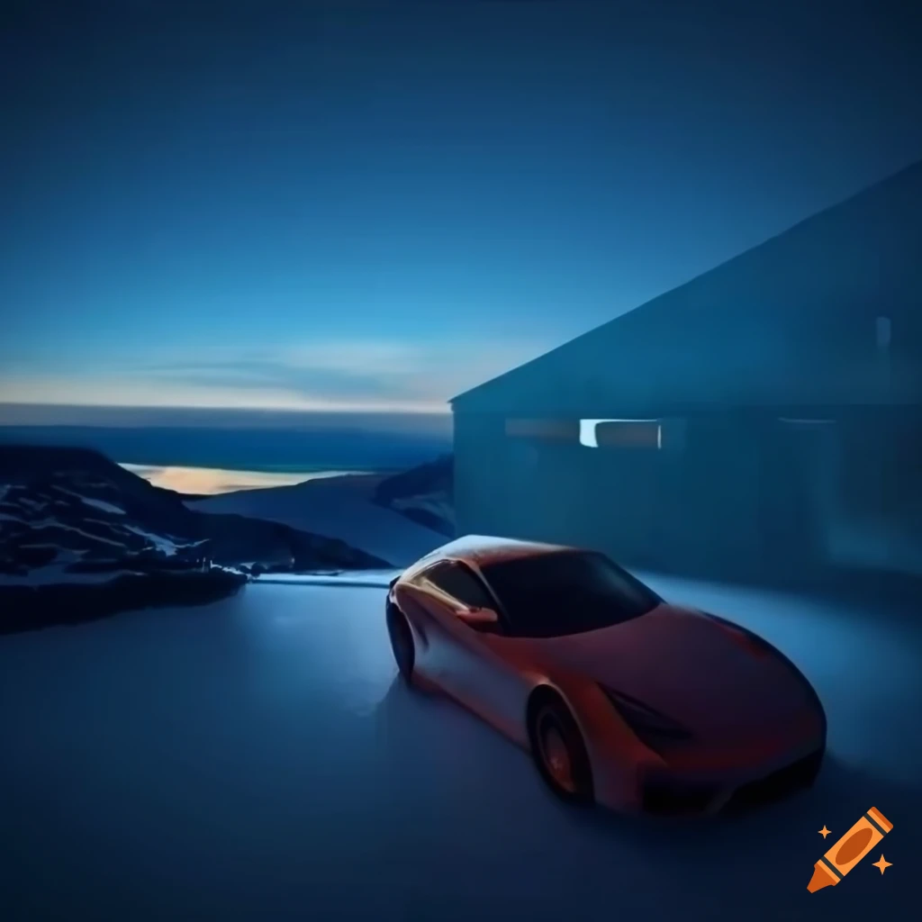 Modern glass house on mountain overlooking ocean at night with cold colors